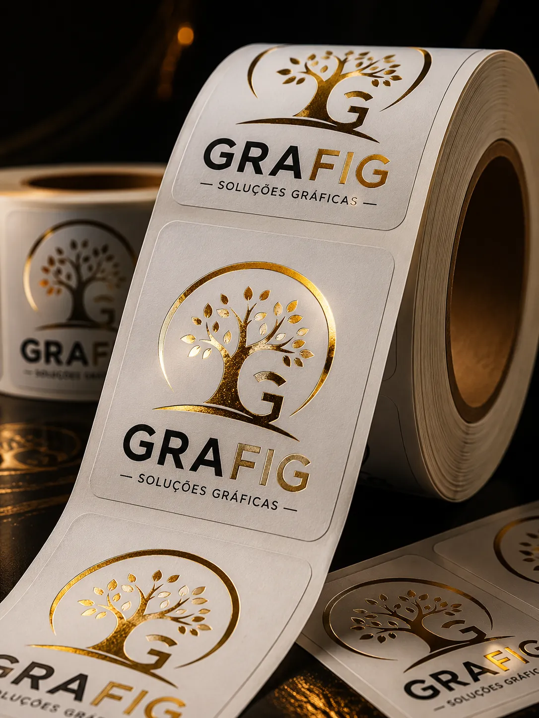 Etiquetas couchê com acabamento premium em hot stamping dourado brilhante da logo GRAFIG