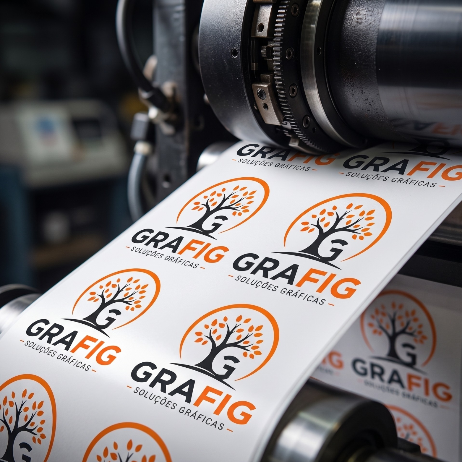 Máquina de impressão gráfica aplicando tinta laranja e preta em etiquetas couchê com a logo da GRAFIG