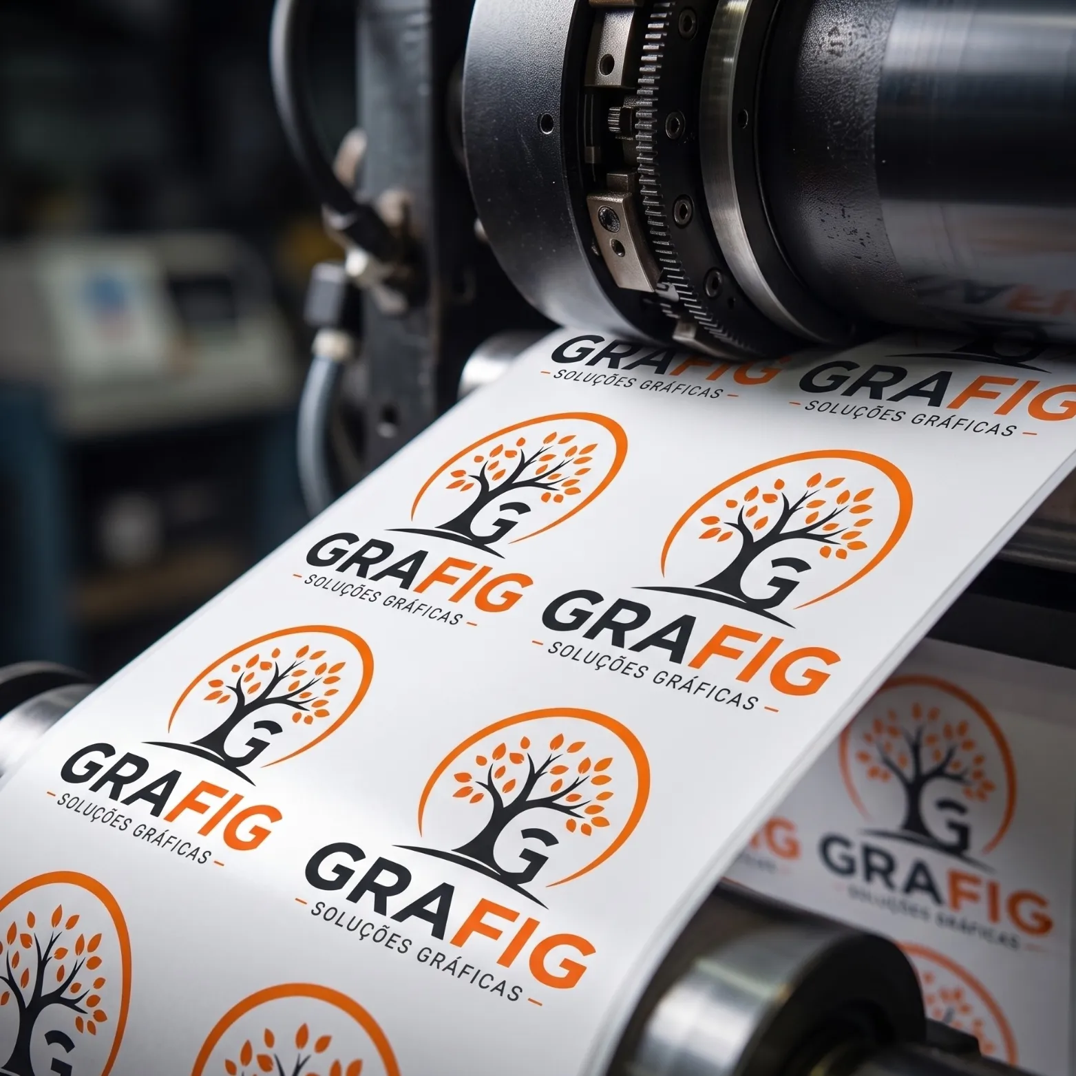 Máquina de impressão gráfica aplicando tinta laranja e preta em etiquetas couchê com a logo da GRAFIG