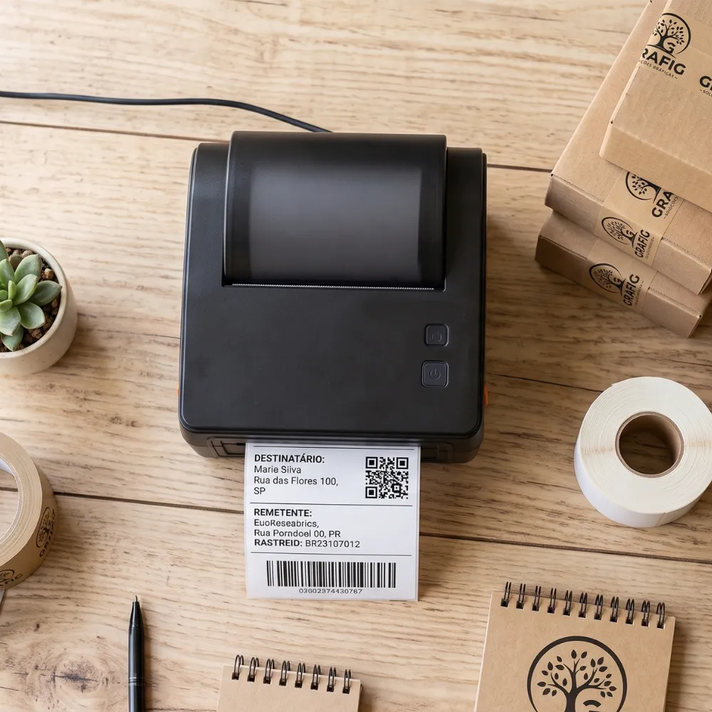 Impressora térmica imprimindo etiqueta de e-commerce com caixas da GRAFIG ao fundo
