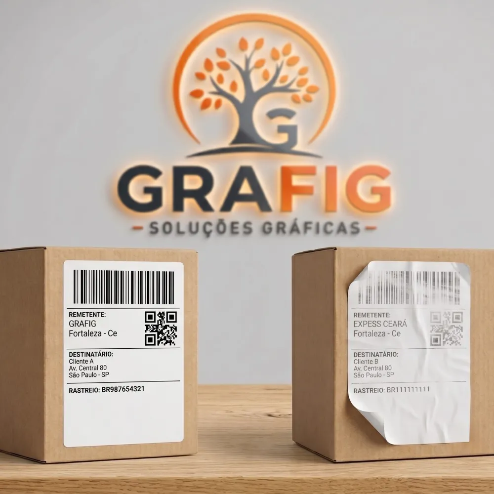 Comparação entre etiqueta térmica GRAFIG fixada corretamente versus etiqueta genérica descollando da caixa