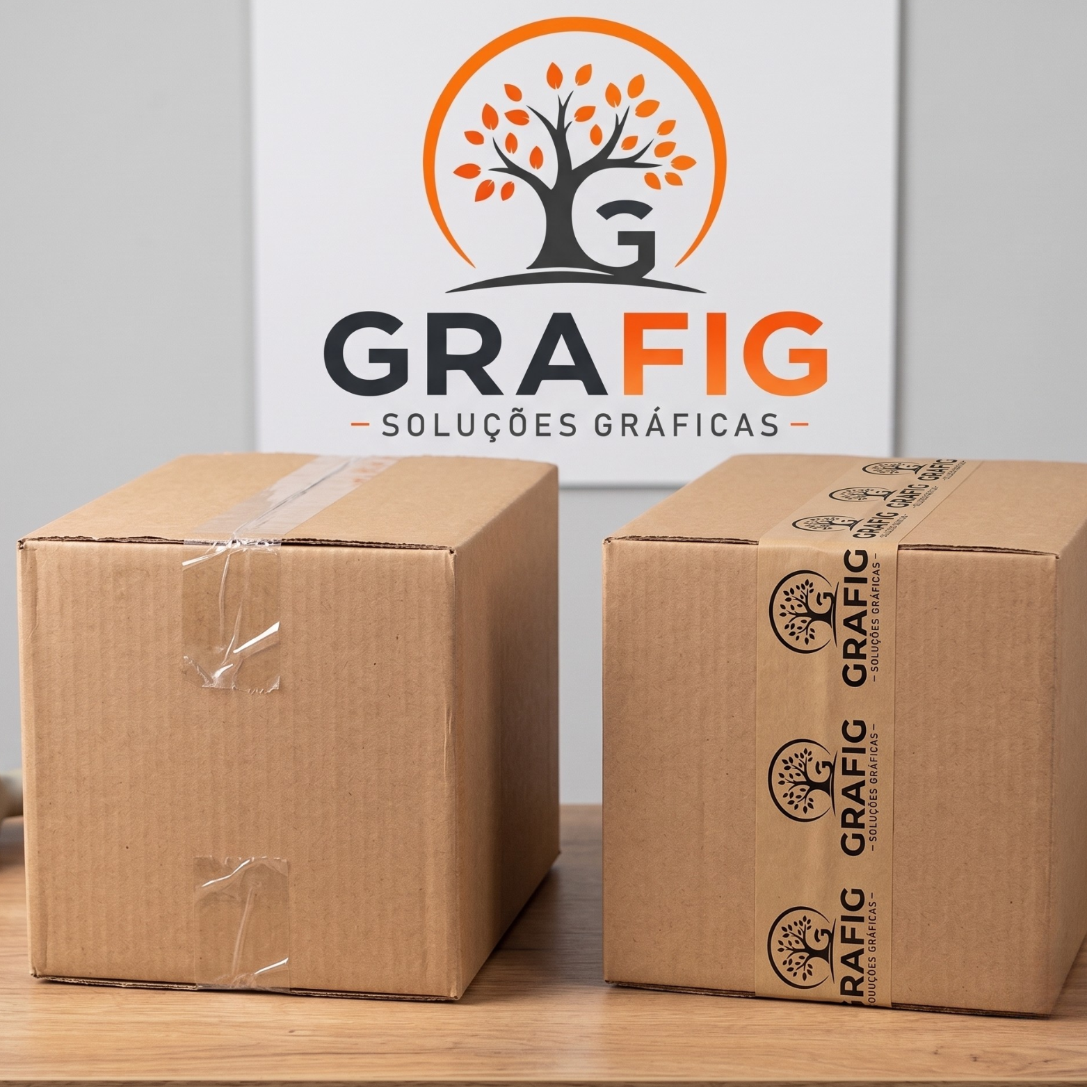 Comparação entre caixa lacrada com fita transparente comum versus caixa lacrada com fita gomada GRAFIG — diferença de segurança visível