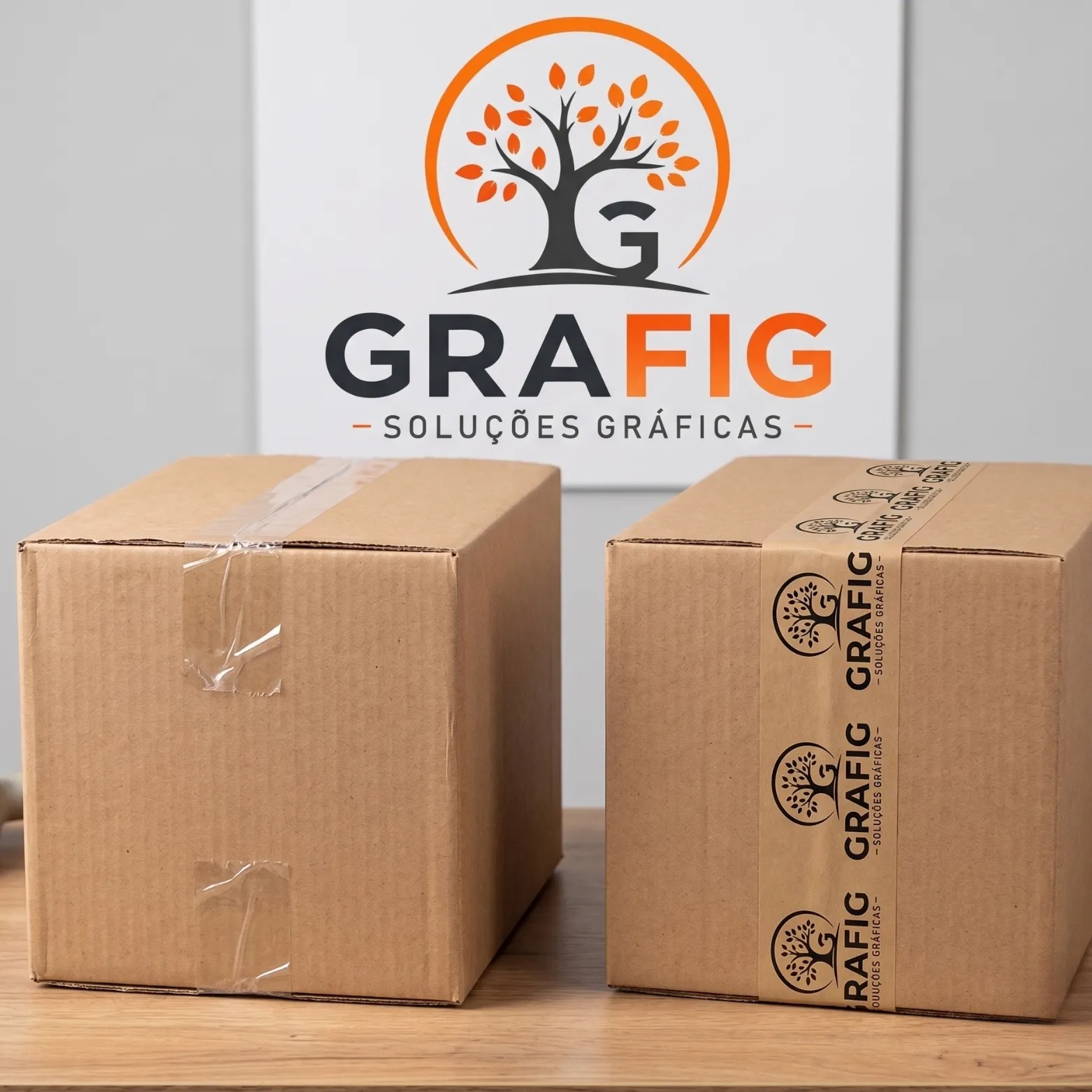Comparação entre caixa lacrada com fita transparente comum versus caixa lacrada com fita gomada GRAFIG — diferença de segurança visível