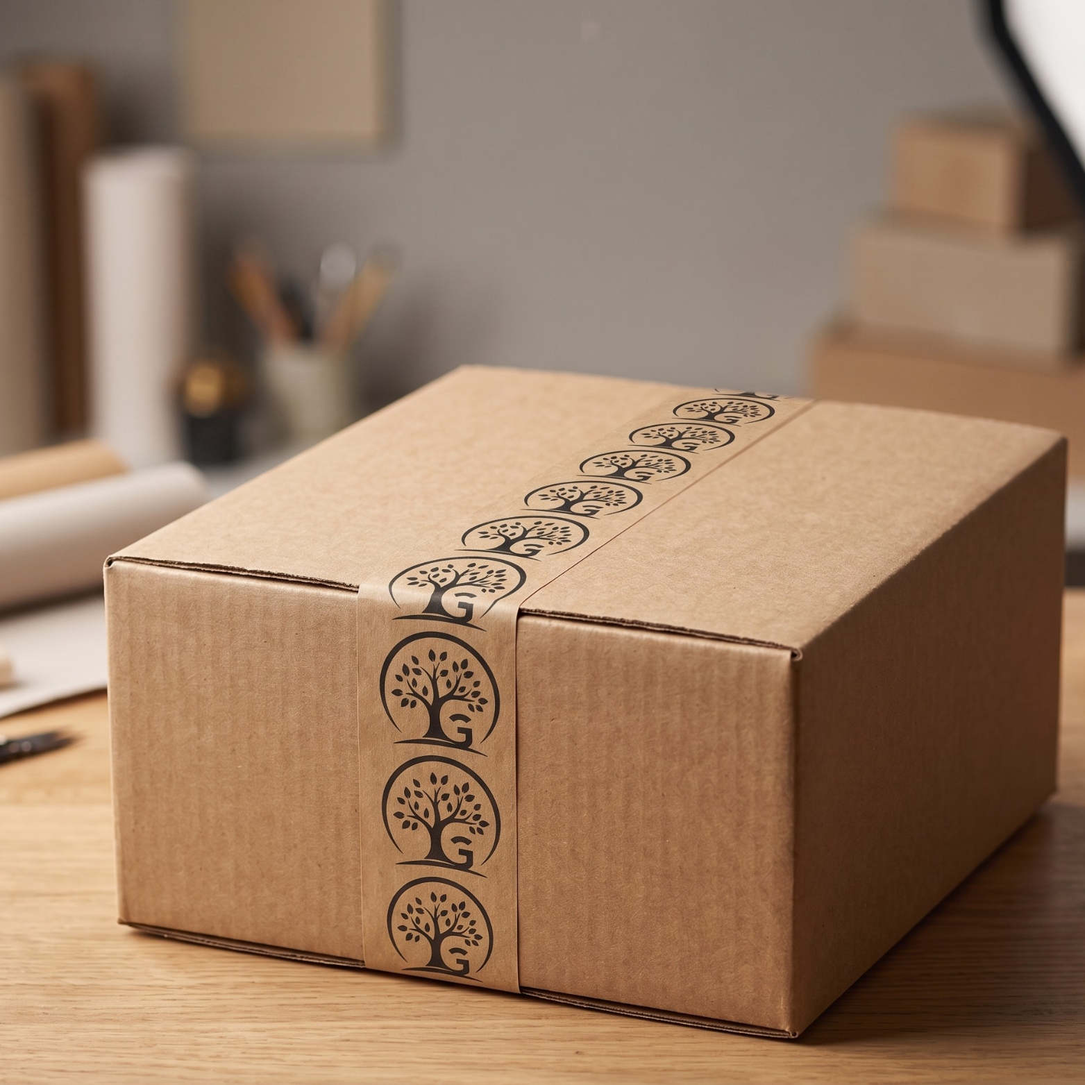 Caixa de envio lacrada com fita gomada personalizada GRAFIG, logo da empresa em destaque ao longo de toda a fita