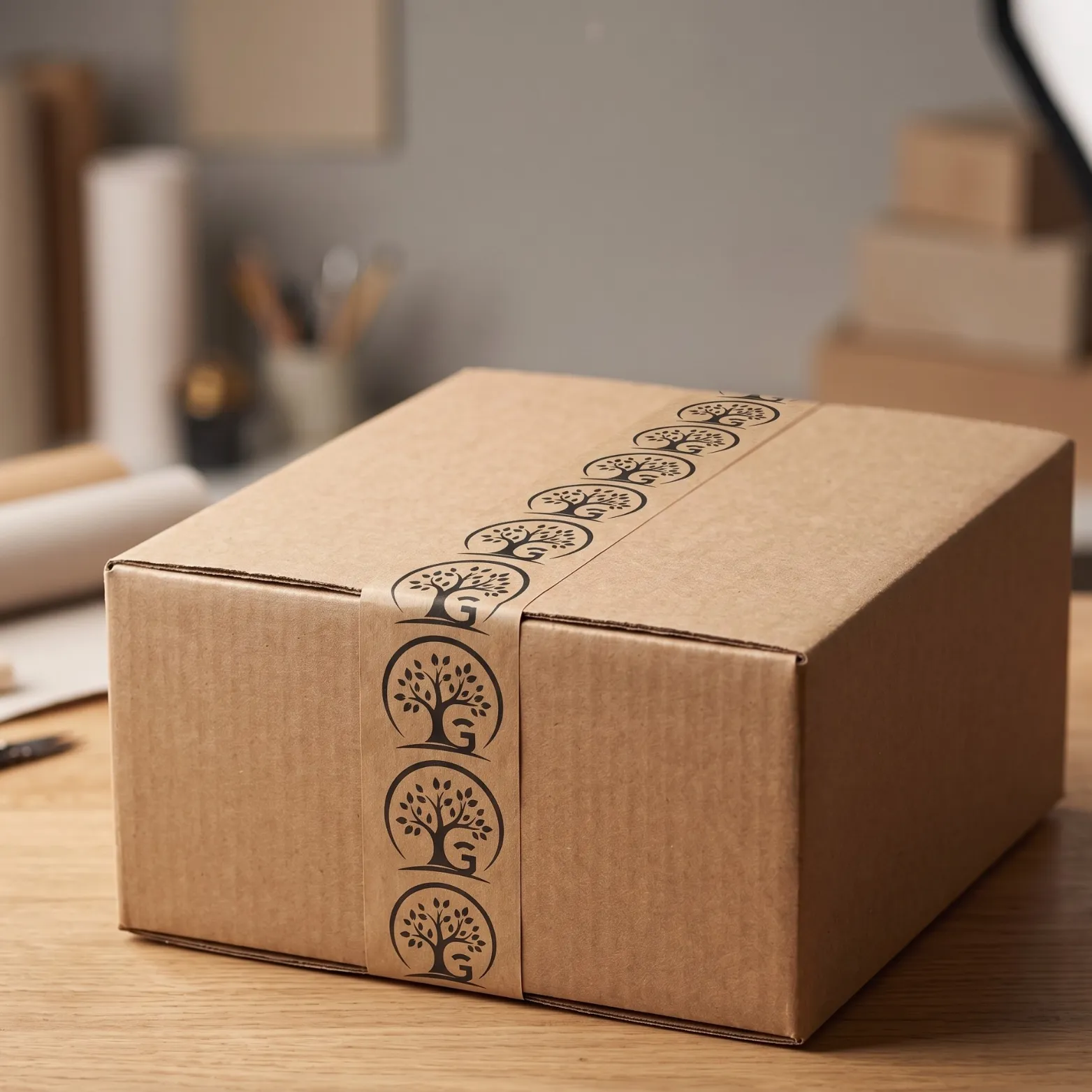 Caixa de envio lacrada com fita gomada personalizada GRAFIG, logo da empresa em destaque ao longo de toda a fita