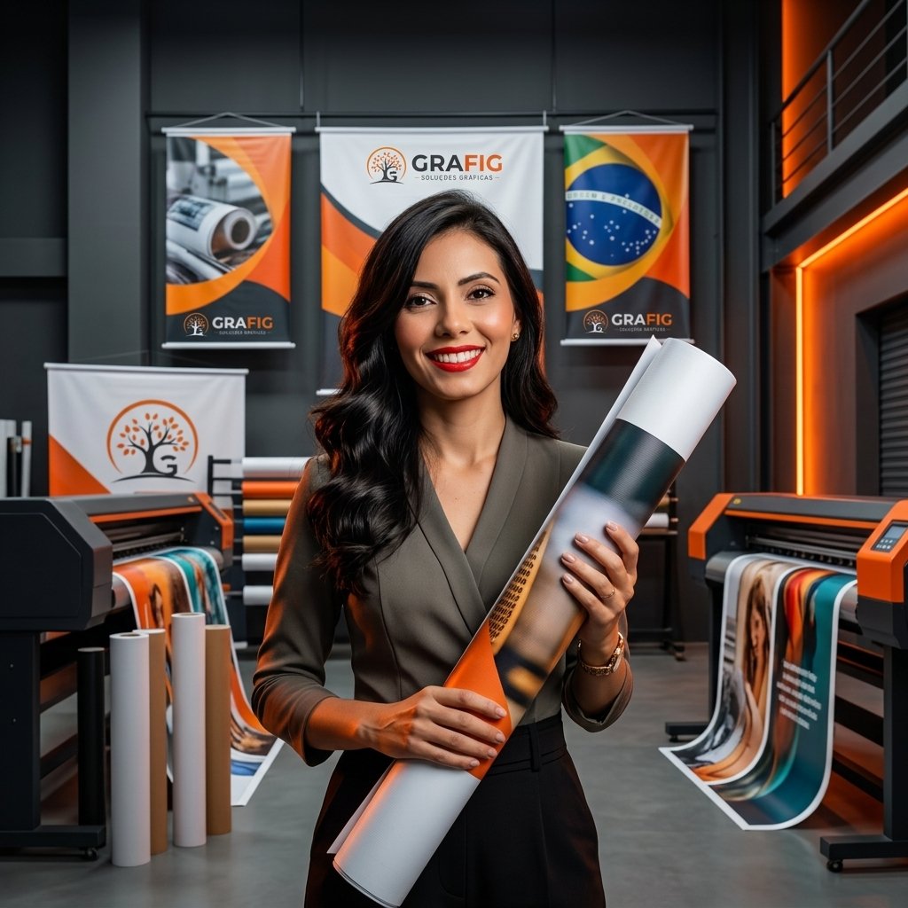 Consultora GRAFIG Dhayanna segurando rolo de banner impresso em estúdio gráfico profissional em Fortaleza com banners de lona ao fundo e iluminação laranja
