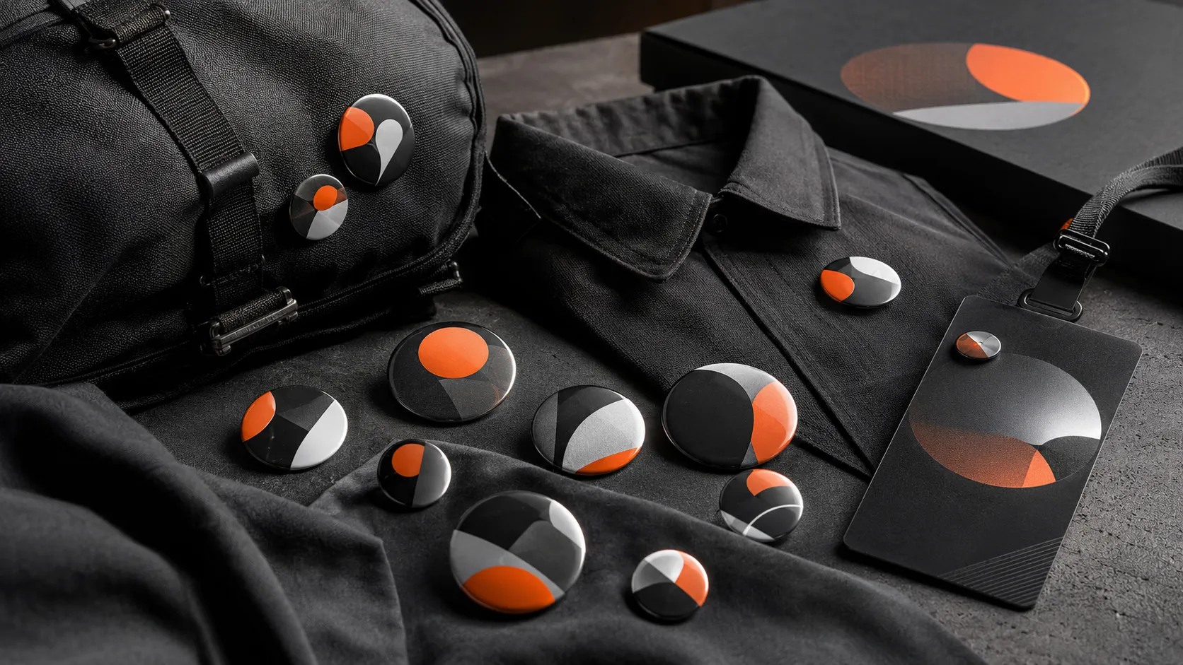 Bottons corporativos variados arranjados sobre uma superfície escura premium, demonstrando o brilho do acetato protetor com frases modernas e colorações no tom de laranja da GRAFIG
