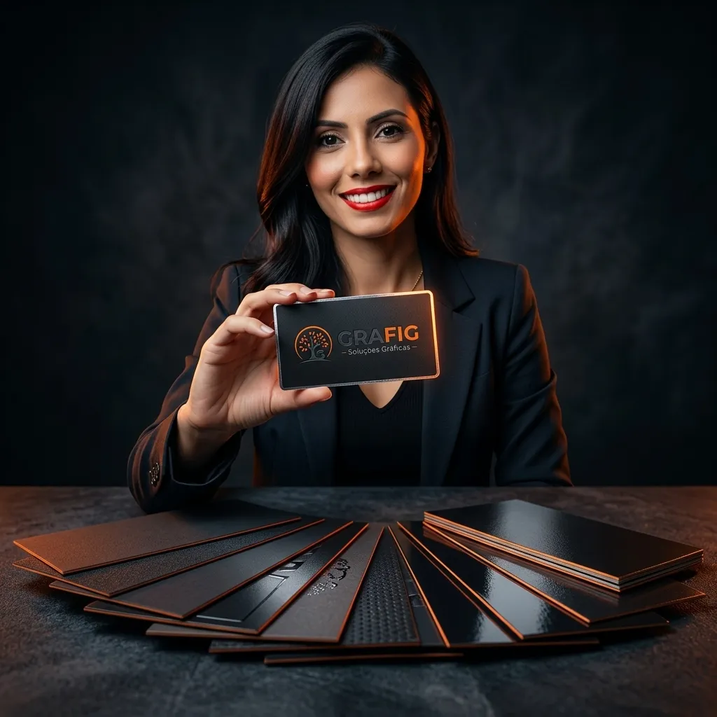 Consultora GRAFIG Dhayanna segurando cartão de visita premium sobre mesa grafite com leque de cartões mostrando acabamentos fosco, brilho e hot stamping
