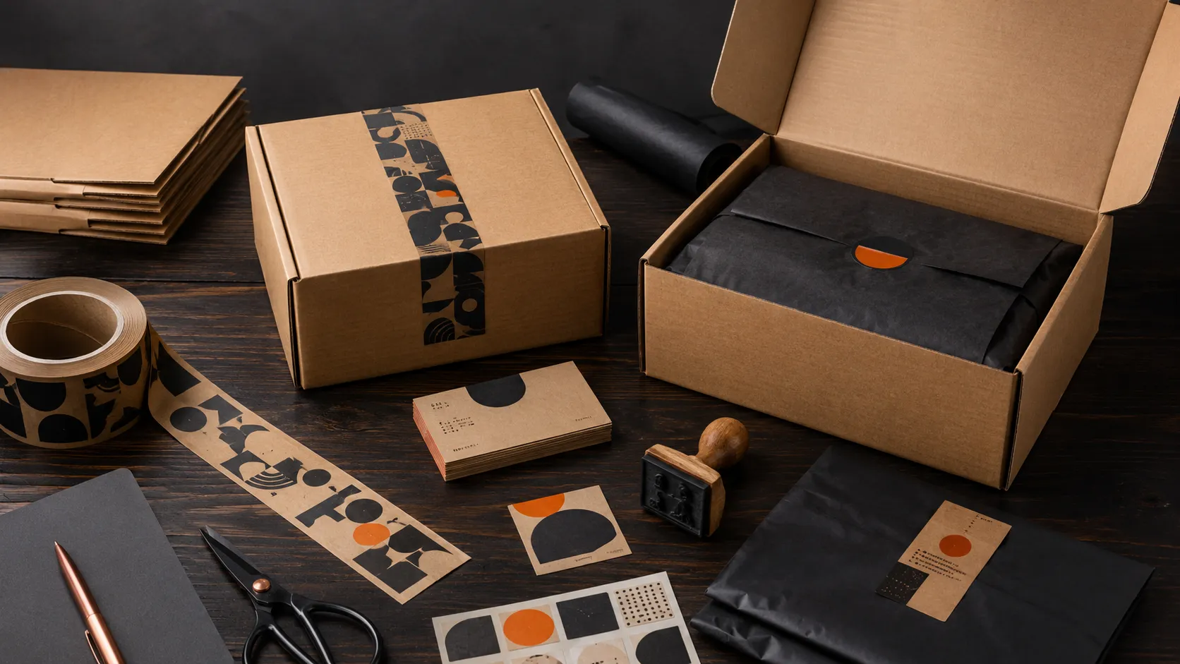 Apresentação luxuosa de embalagem kraft de e-commerce sobre mesa escura, destacando selos de papel, fita gomada padronizada com logo e papel seda interno