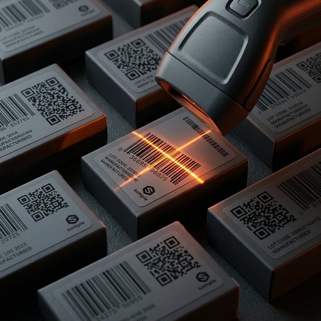 Etiquetas com código de barras e QR Code impressas em papel térmico sobre superfície grafite, sendo lidas por scanner em ambiente de estoque profissional com iluminação laranja GRAFIG