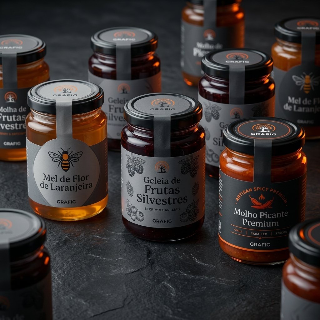 Etiquetas adesivas personalizadas aplicadas em potes de vidro com mel, geleia e molhos artesanais sobre superfície grafite escura com iluminação estúdio laranja GRAFIG