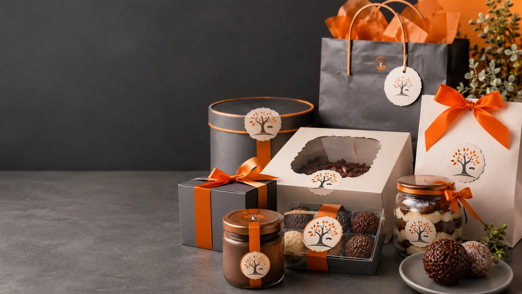 Diversas caixas de bolos, potes de sobremesa e embalagens para confeitaria com aplicação de adesivos personalizados sobre bancada de produção premium GRAFIG escura com iluminação cenográfica destacando a logo e o brilho do adesivo