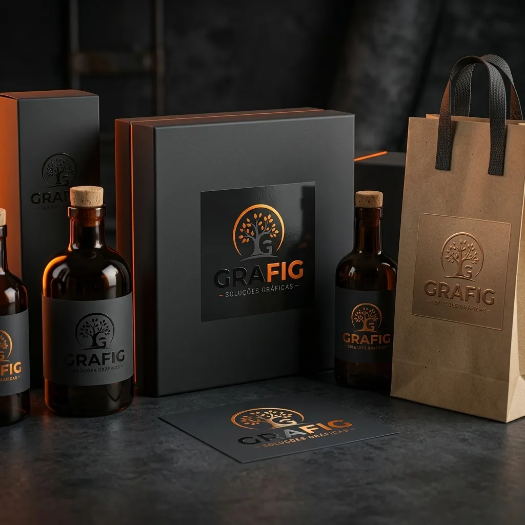 Consultora GRAFIG Dhayanna examinando amostras de etiquetas personalizadas com logo em acabamentos fosco, brilho e hot stamping dourado sobre mesa grafite escura