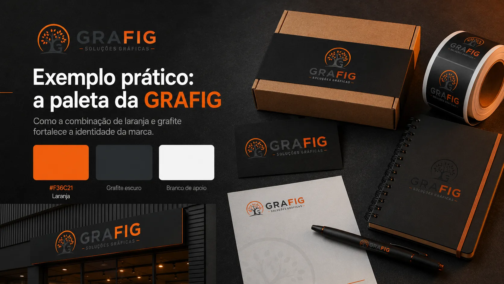 Paleta laranja, grafite e branca da GRAFIG aplicada em etiquetas, embalagens, fachada e papelaria.