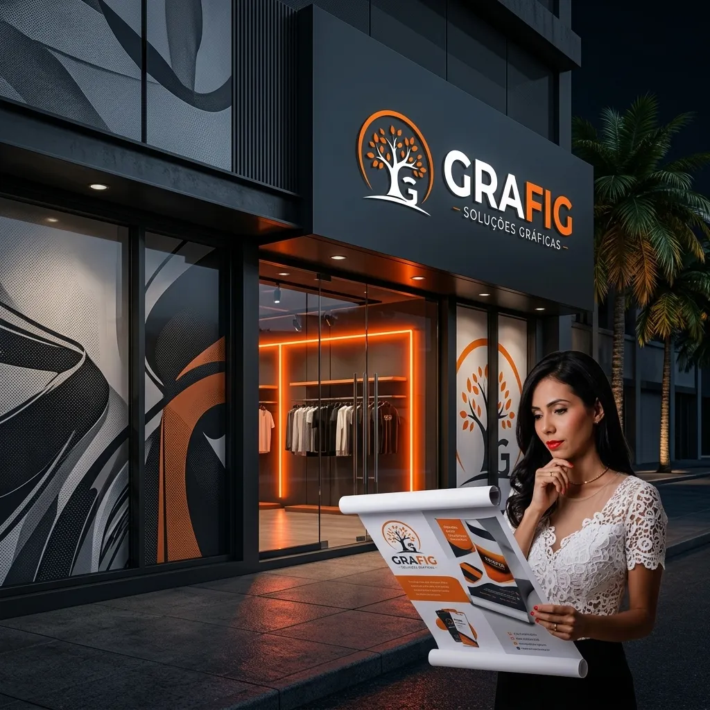 Fachada de loja moderna em Fortaleza com painel ACM iluminado, adesivação de vitrine e banner personalizado em comunicação visual profissional com identidade GRAFIG