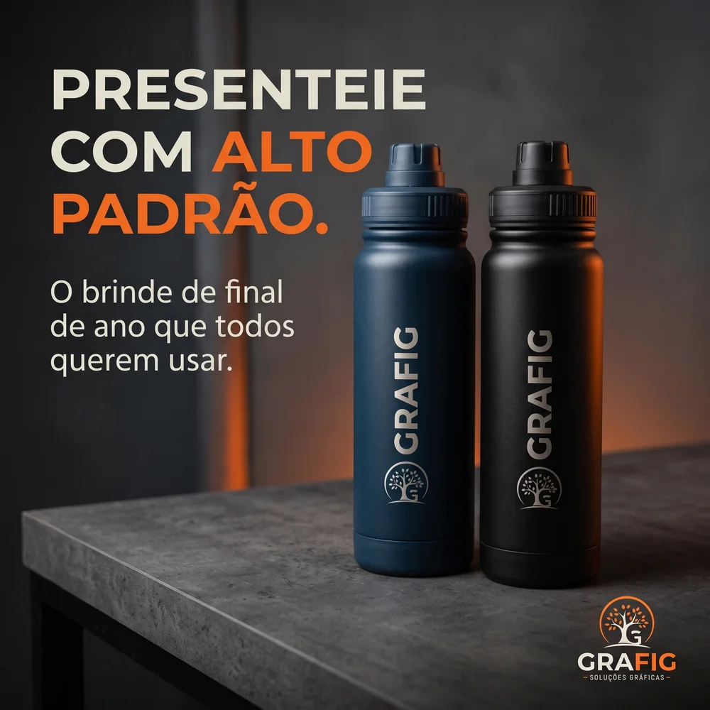 Detalhe da gravação a laser em garrafas térmicas pretas foscas