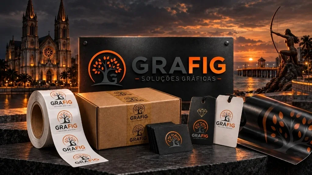 Materiais gráficos personalizados da GRAFIG ao lado de um celular, representando atendimento de gráfica pelo WhatsApp em Fortaleza