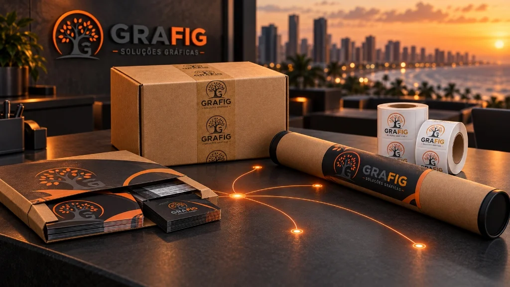Etiquetas, fita gomada, panfletos, cartões e adesivos personalizados produzidos para empresas atendidas pela GRAFIG em Fortaleza.