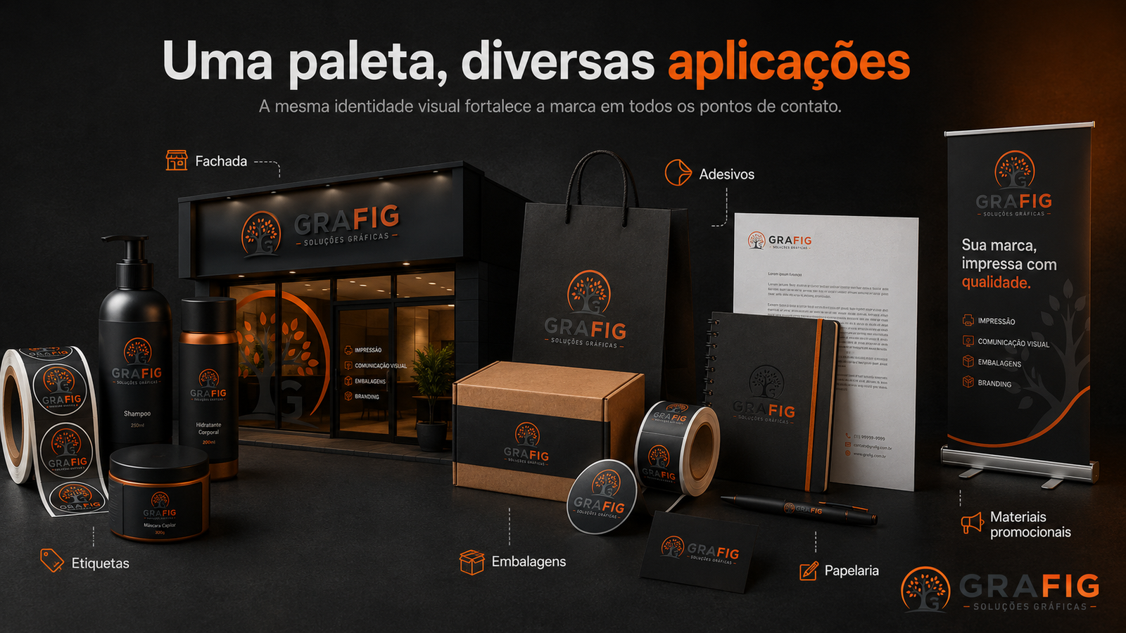 Identidade visual da GRAFIG aplicada em etiquetas, fachada, embalagens, adesivos e papelaria.